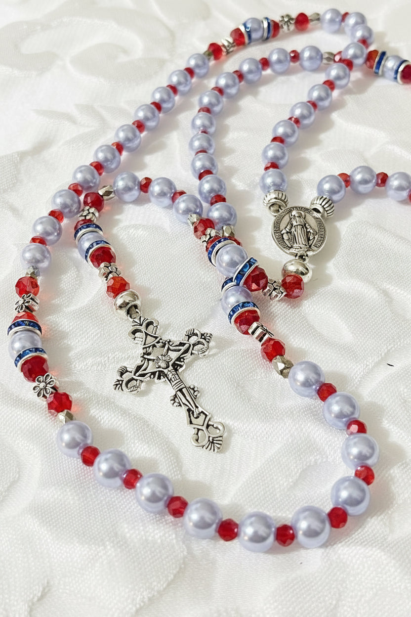 Baby Blue & Red Crystal Rosary - Miraculous Medal