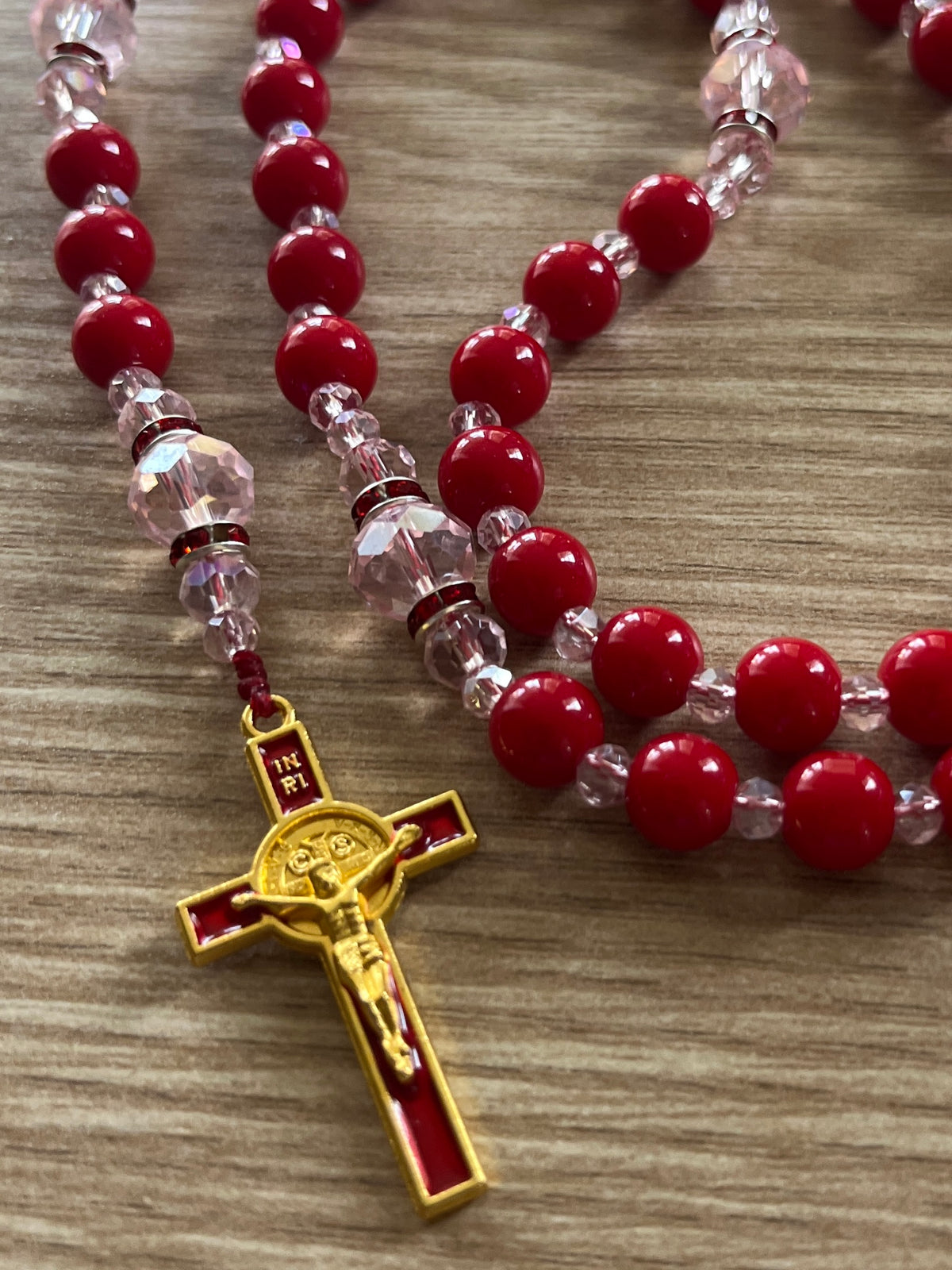 Vibrant Red Glass & Pink Crystal Traditional Rosary - Red Enamel Gold Cross
