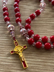 Vibrant Red Glass & Pink Crystal Traditional Rosary - Red Enamel Gold Cross