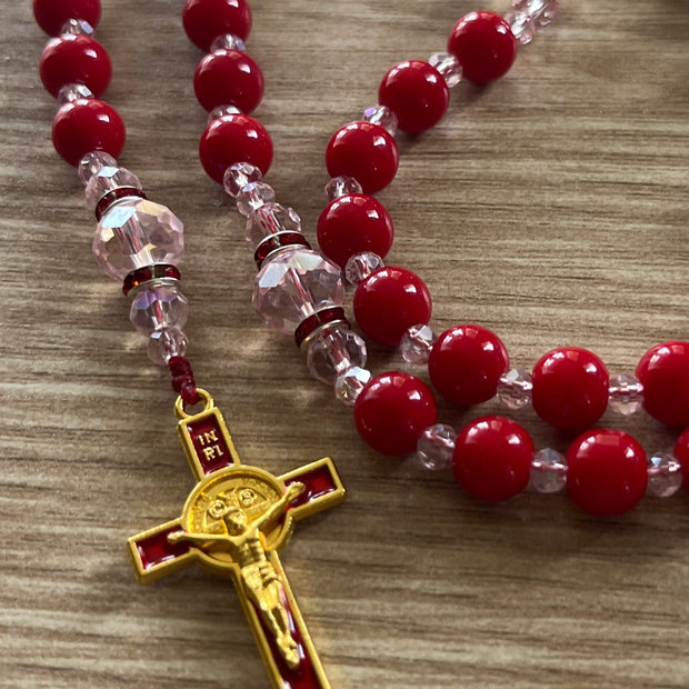 Vibrant Red Glass & Pink Crystal Traditional Rosary - Red Enamel Gold Cross