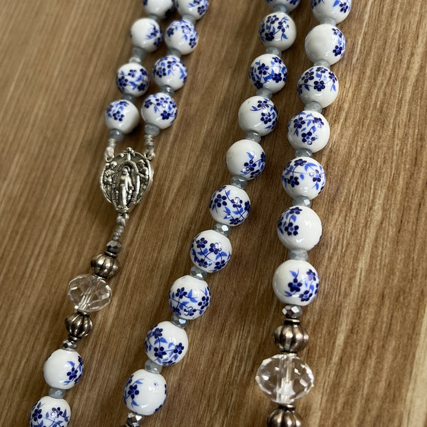 Cobalt Blue & White Floral Ceramic Traditional Rosary