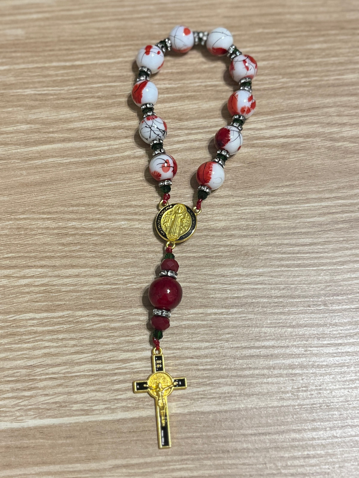 Crimson Flower Glass Pocket Rosary - Black Enamel Gold Cross