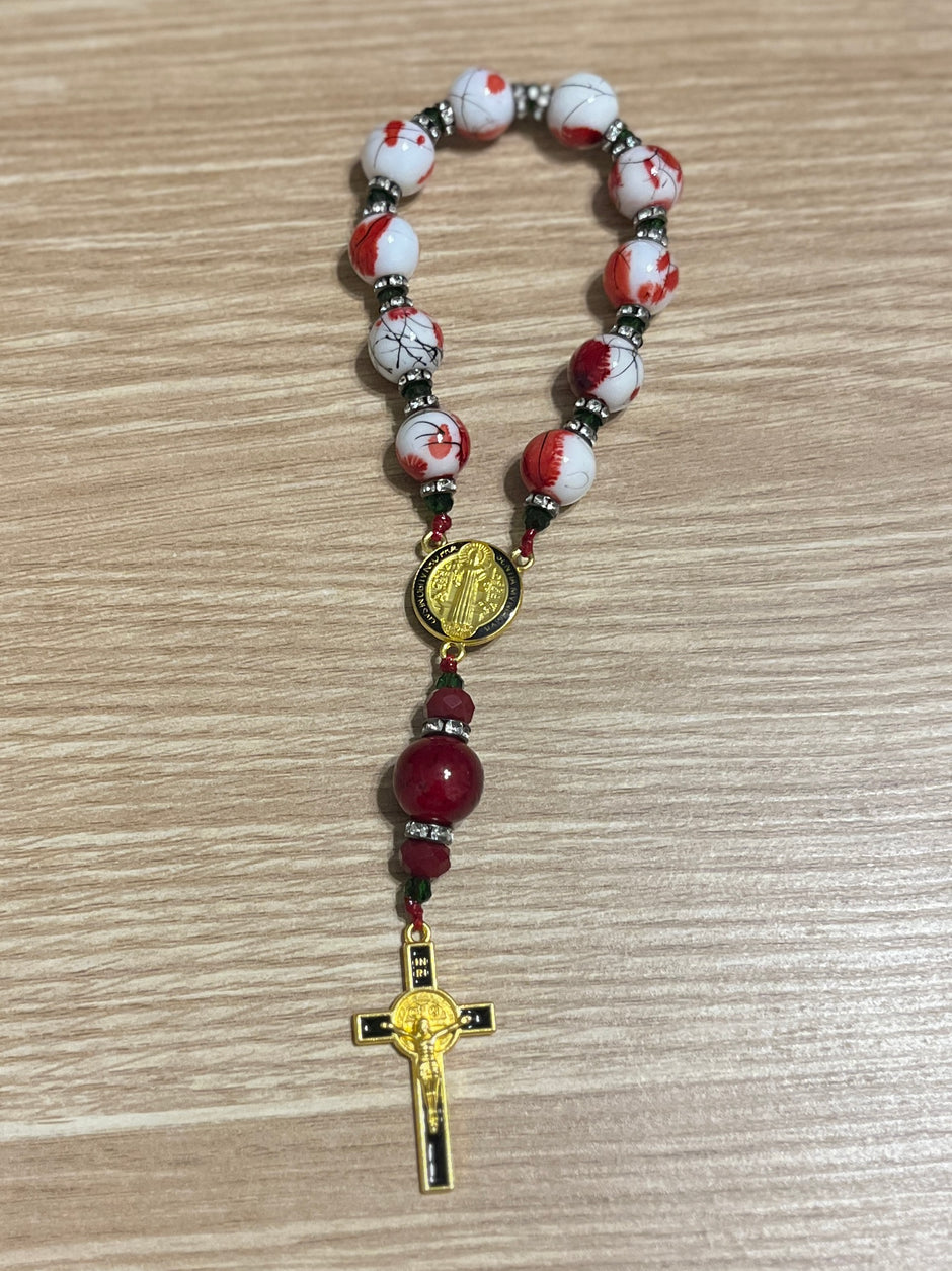 Crimson Flower Glass Pocket Rosary - Black Enamel Gold Cross