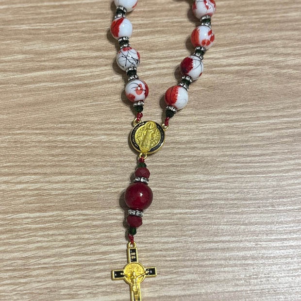Crimson Flower Glass Pocket Rosary - Black Enamel Gold Cross
