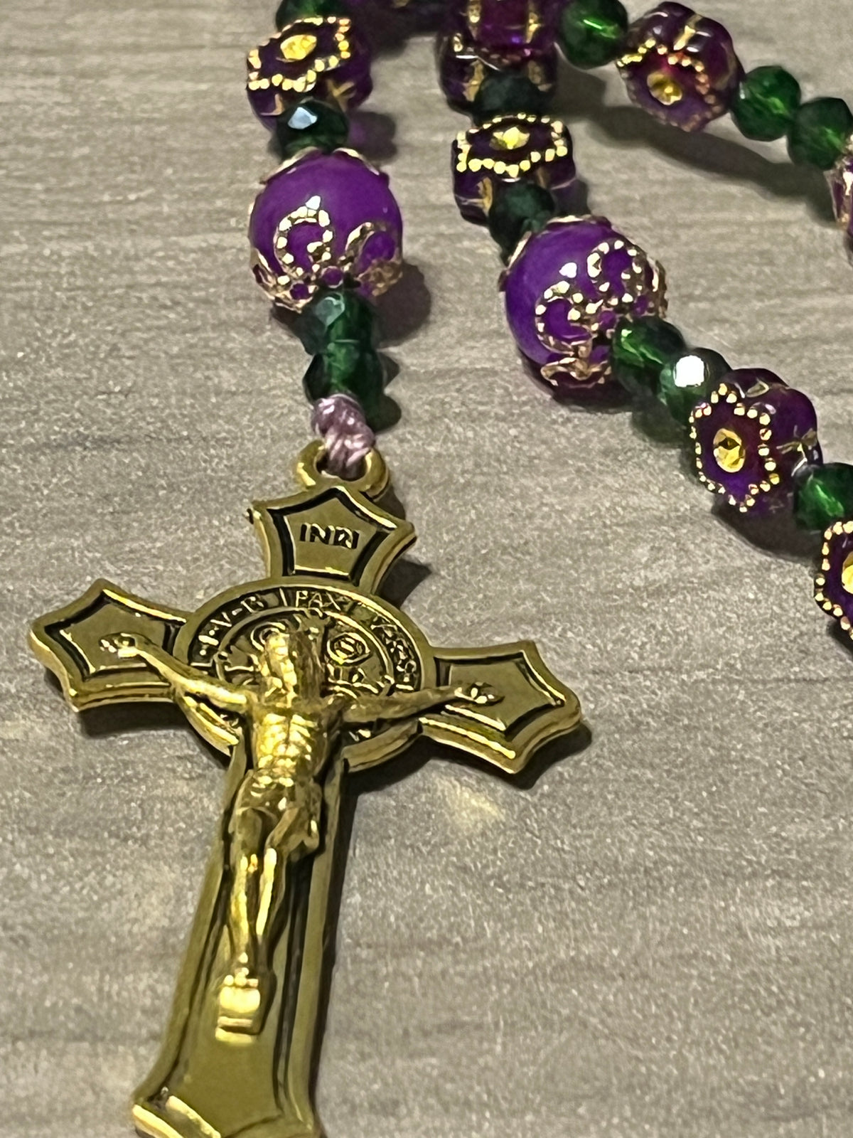 Royal Purple Flower & Emerald Crystal Traditional Rosary