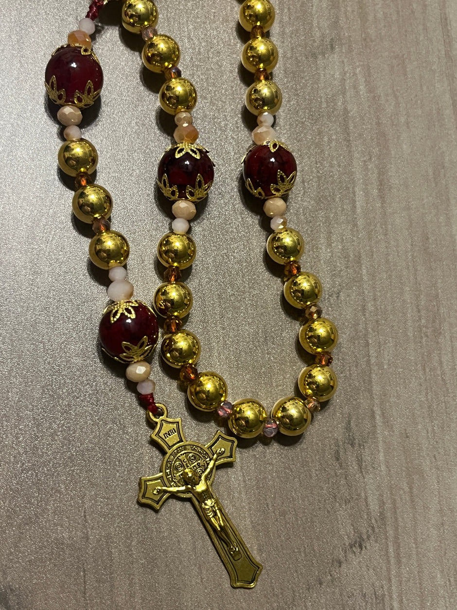 Gold-Plated Hail Mary & Crimson Glass Traditional Rosary