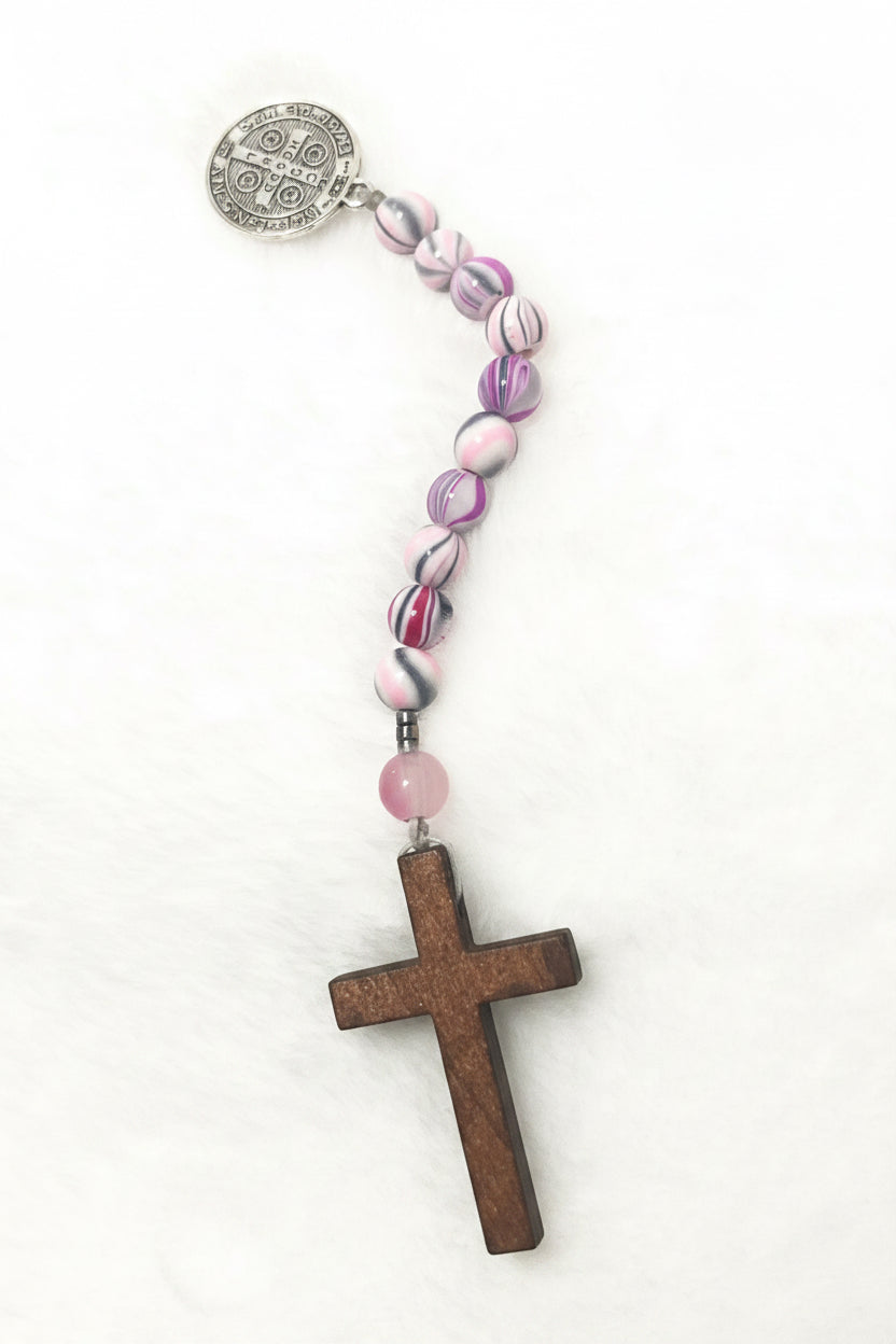 Assorted Marble & Candy Swirl Pocket Rosary - Wood Cross