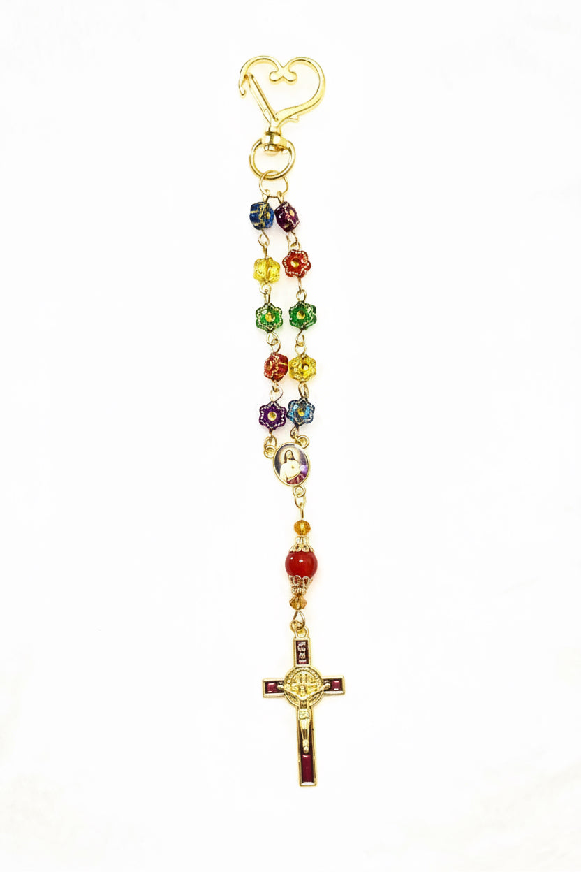 Rainbow Flower Glass 3-Piece Rosary, Bracelet & Keychain Gift Set