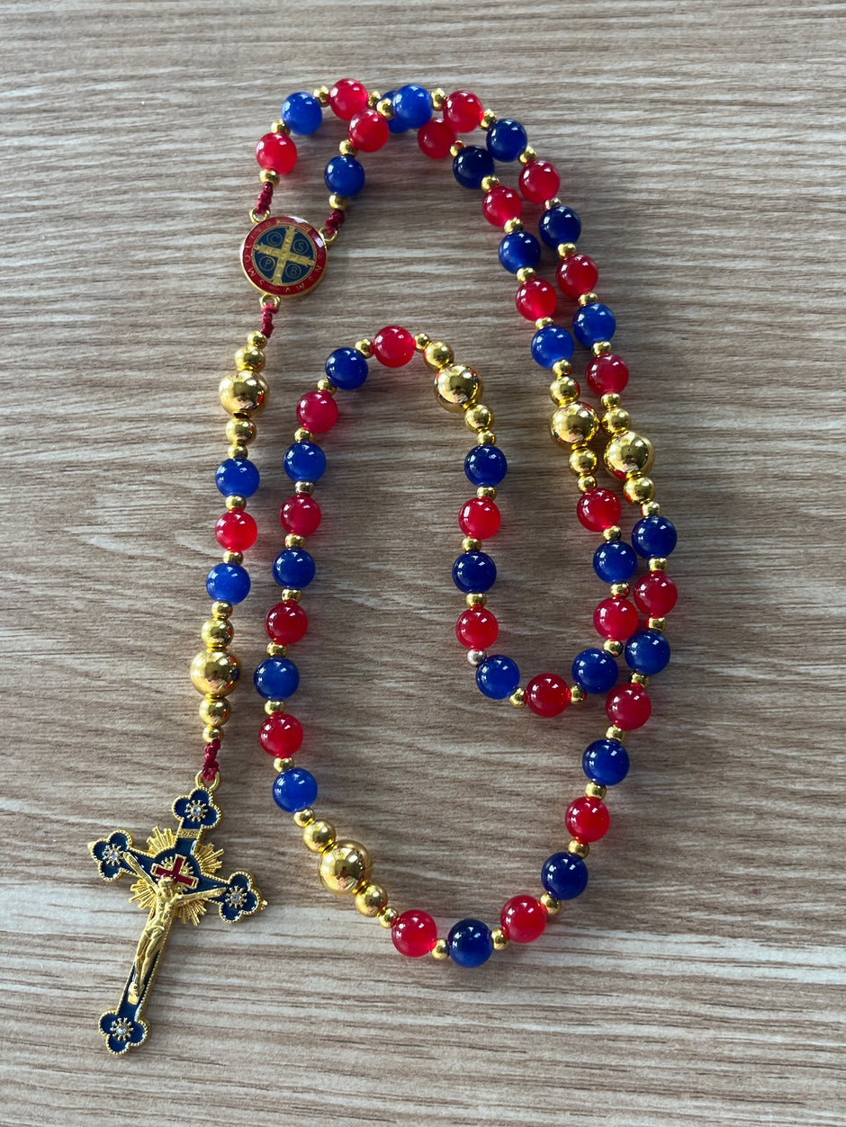 Patriot Blue & Crimson Glass Traditional Rosary - Gold-Plated Accents