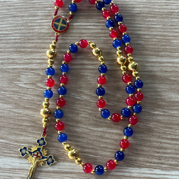 Patriot Blue & Crimson Glass Traditional Rosary - Gold-Plated Accents