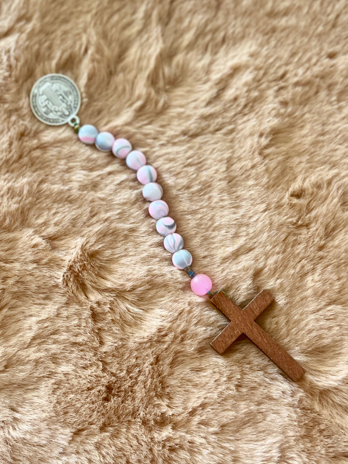 Assorted Marble & Candy Swirl Pocket Rosary - Wood Cross