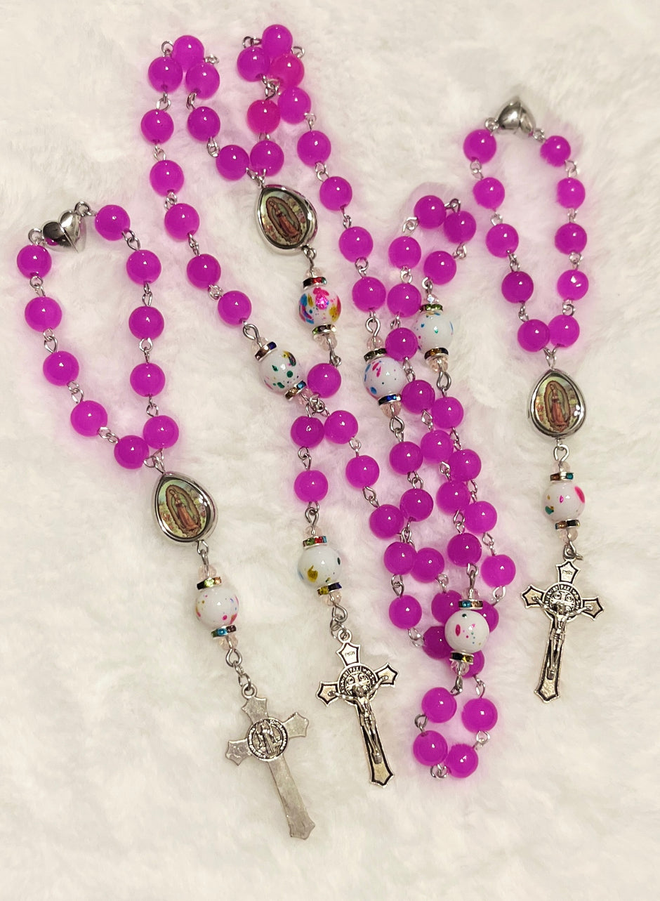 Fuchsia Glass & Confetti Porcelain 3-Piece Rosary Gift Set