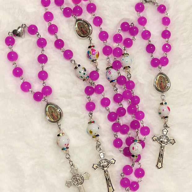 Fuchsia Glass & Confetti Porcelain 3-Piece Rosary Gift Set