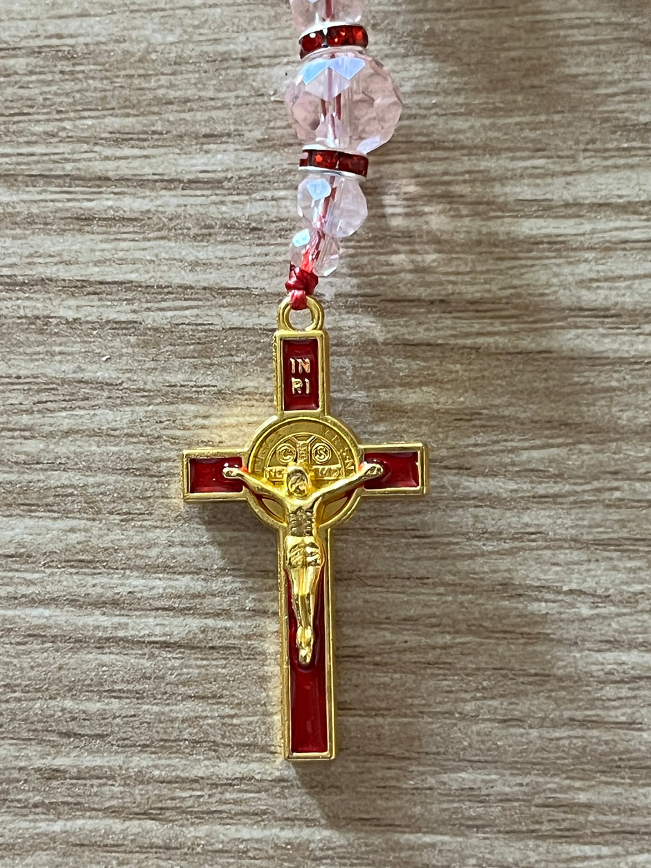 Vibrant Red Glass & Pink Crystal Pocket Rosary - Red Enamel Gold Cross