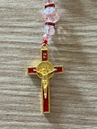 Vibrant Red Glass & Pink Crystal Pocket Rosary - Red Enamel Gold Cross