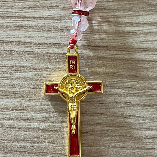 Vibrant Red Glass & Pink Crystal Pocket Rosary - Red Enamel Gold Cross