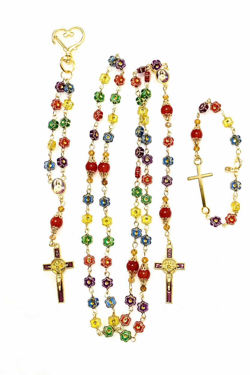 Rainbow Flower Glass 3-Piece Rosary, Bracelet & Keychain Gift Set