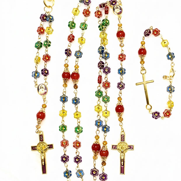 Rainbow Flower Glass 3-Piece Rosary, Bracelet & Keychain Gift Set