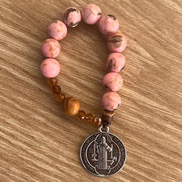 Pink Rhodonite Stone & Wood Mini Pocket Rosary - St. Benedict Medal