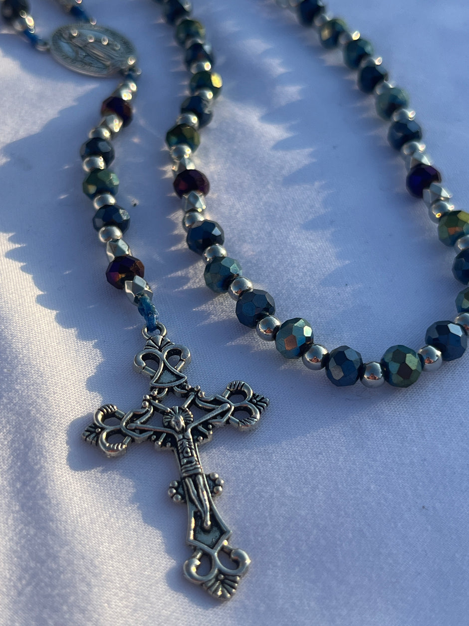 Iridescent Hematite Glass Rosary with Celtic Crucifix
