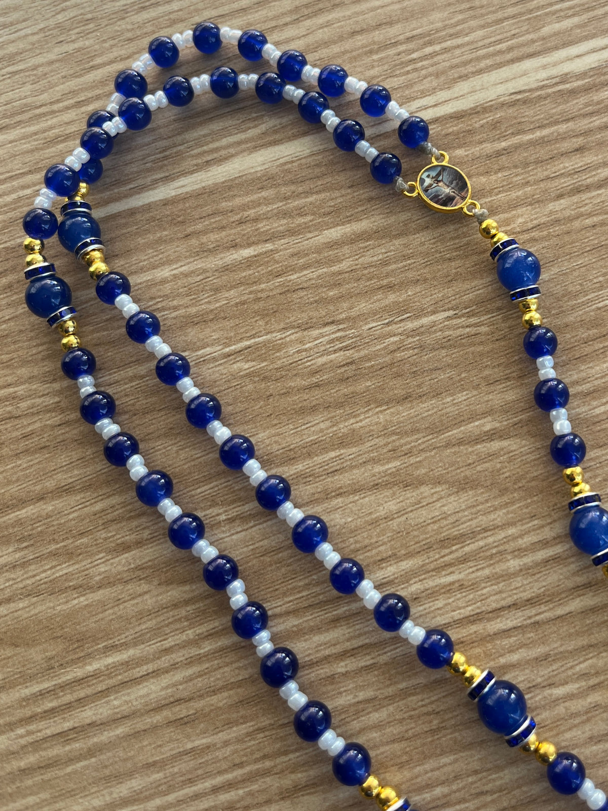 Cobalt Blue & White Glass Traditional Rosary - Blue Enamel Gold Cross
