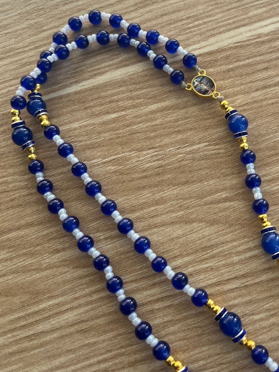 Cobalt Blue & White Glass Traditional Rosary - Blue Enamel Gold Cross