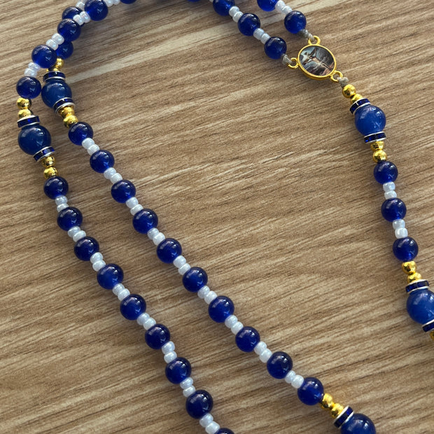 Cobalt Blue & White Glass Traditional Rosary - Blue Enamel Gold Cross
