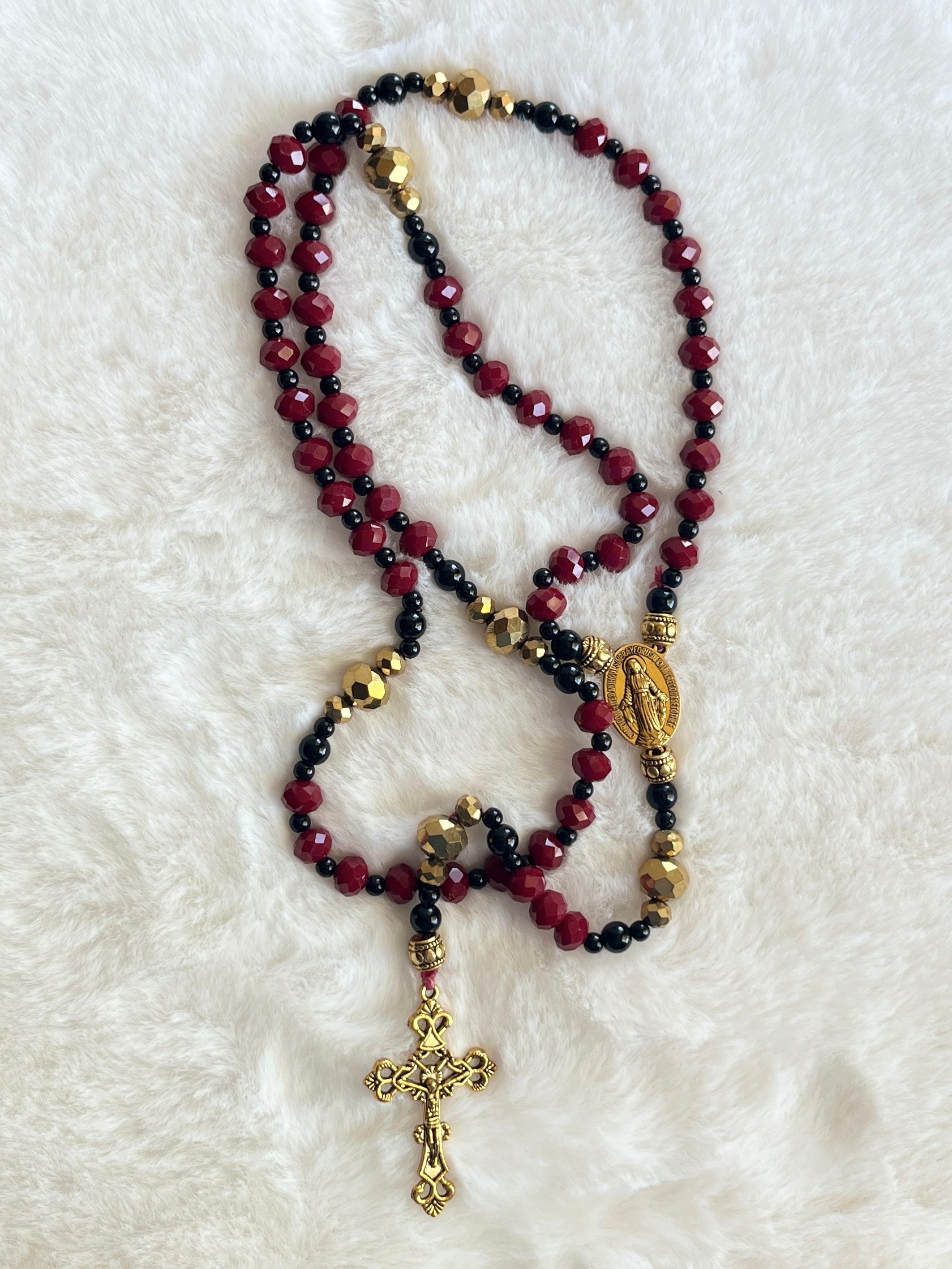 Crimson & Jet Black Crystal Traditional Rosary - Gold Baroque Cross