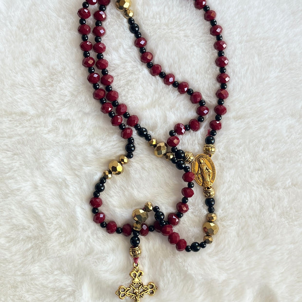 Crimson & Jet Black Crystal Traditional Rosary - Gold Baroque Cross