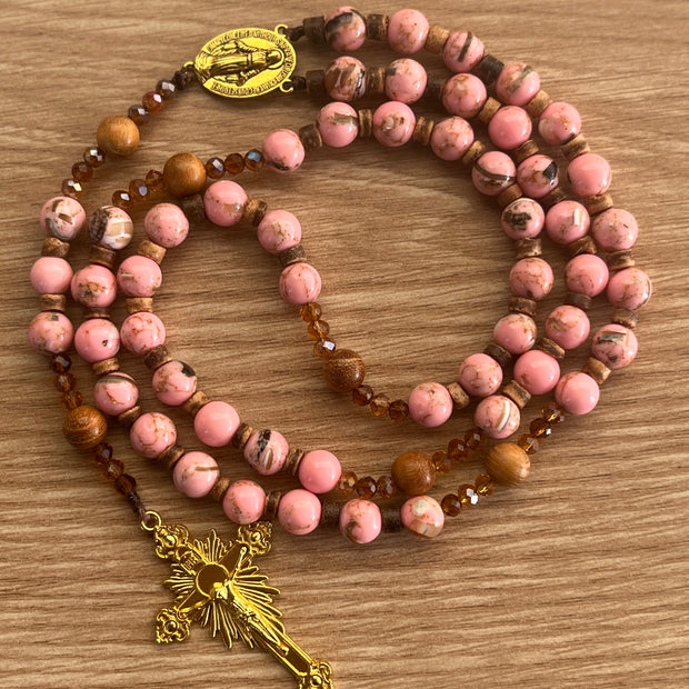 Pink Rhodonite Stone & Natural Wood Traditional Rosary