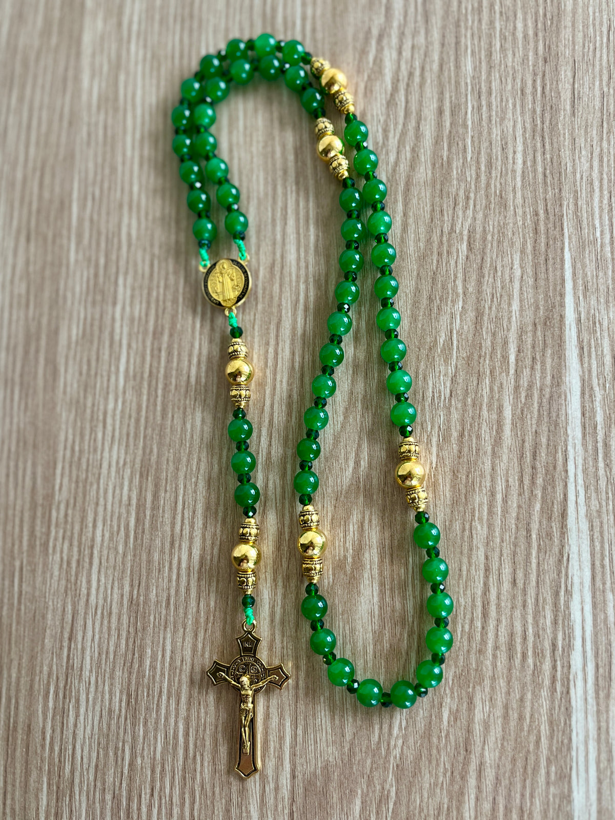 Emerald Green Glass & Gold-Plated Traditional Rosary