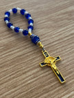 Cobalt Blue & White Glass Pocket Rosary - Blue Enamel Gold Cross