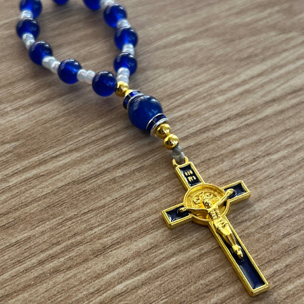 Cobalt Blue & White Glass Pocket Rosary - Blue Enamel Gold Cross