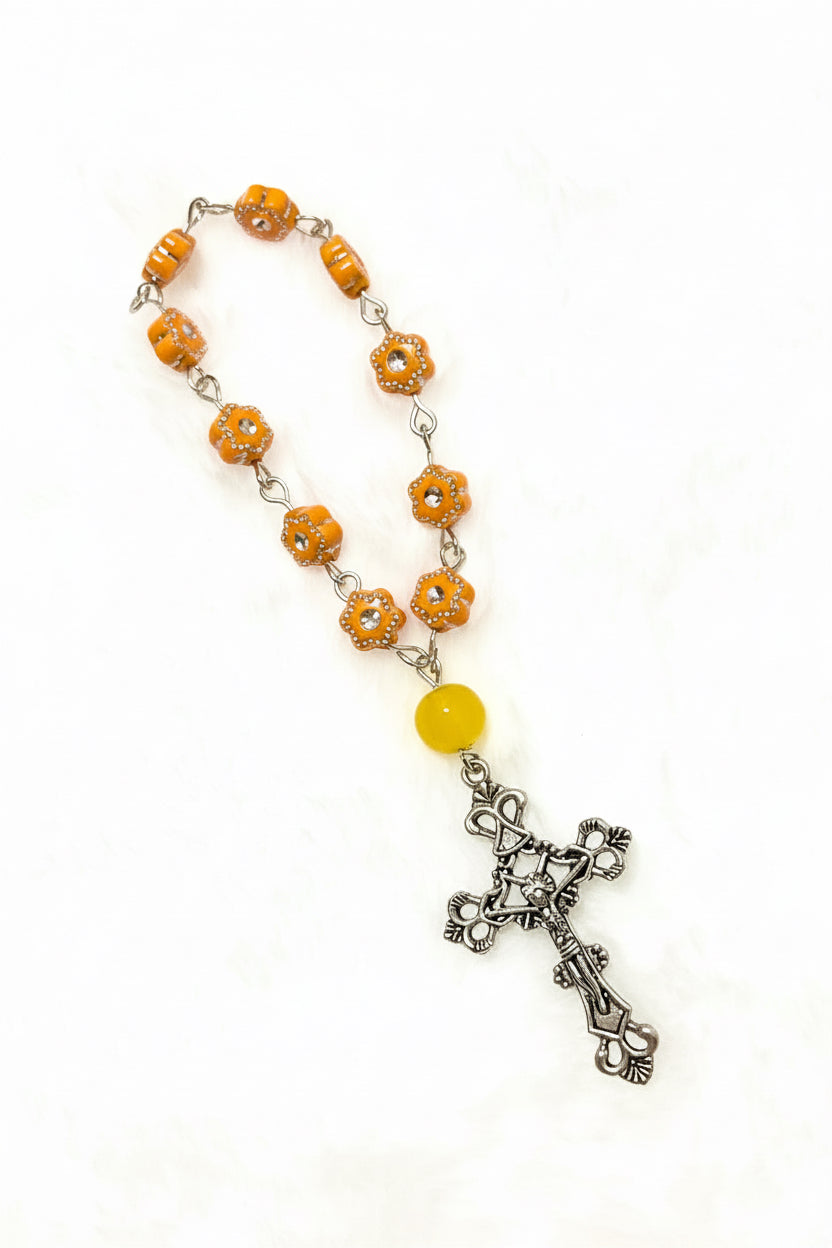 Orange Textured Flower Pocket Rosary - Silver Celtic Crucifix