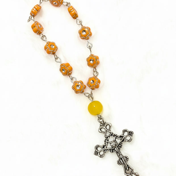 Orange Textured Flower Pocket Rosary - Silver Celtic Crucifix