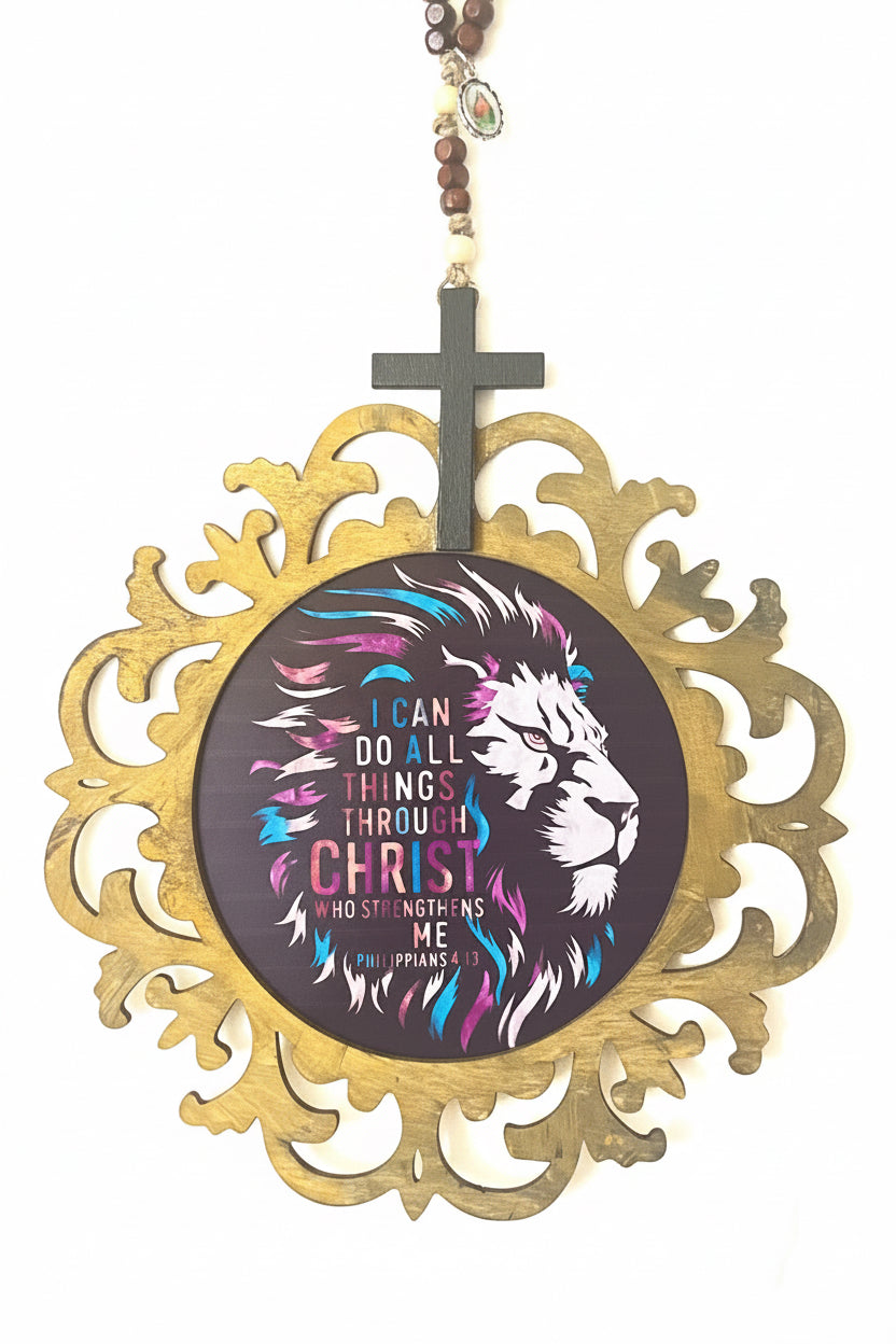 Philippians 4:13 Lion Scripture Wall Plaque with Rosary Hanger