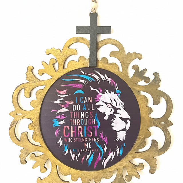 Philippians 4:13 Lion Scripture Wall Plaque with Rosary Hanger