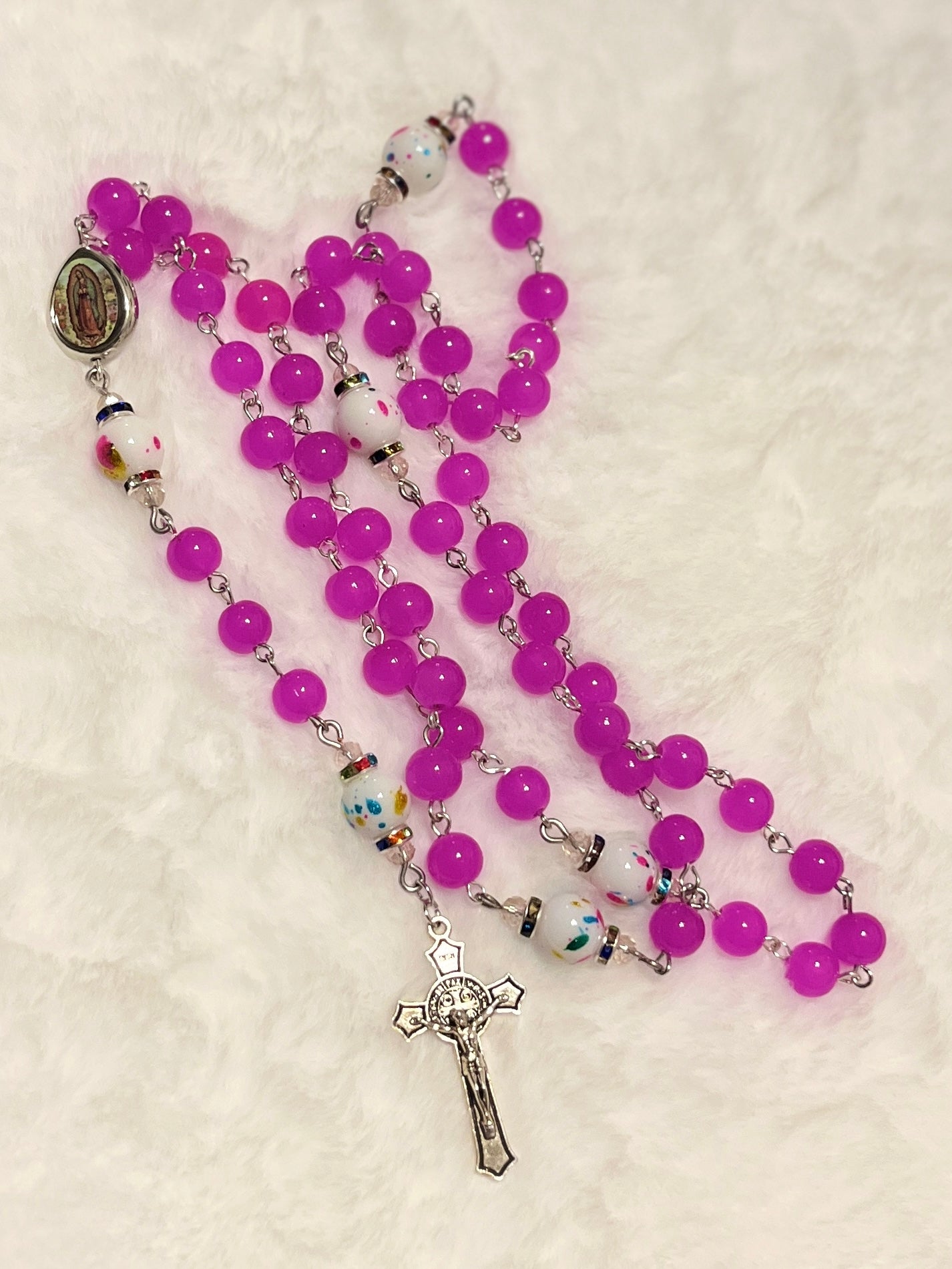 Fuchsia Glass & Confetti Porcelain 3-Piece Rosary Gift Set