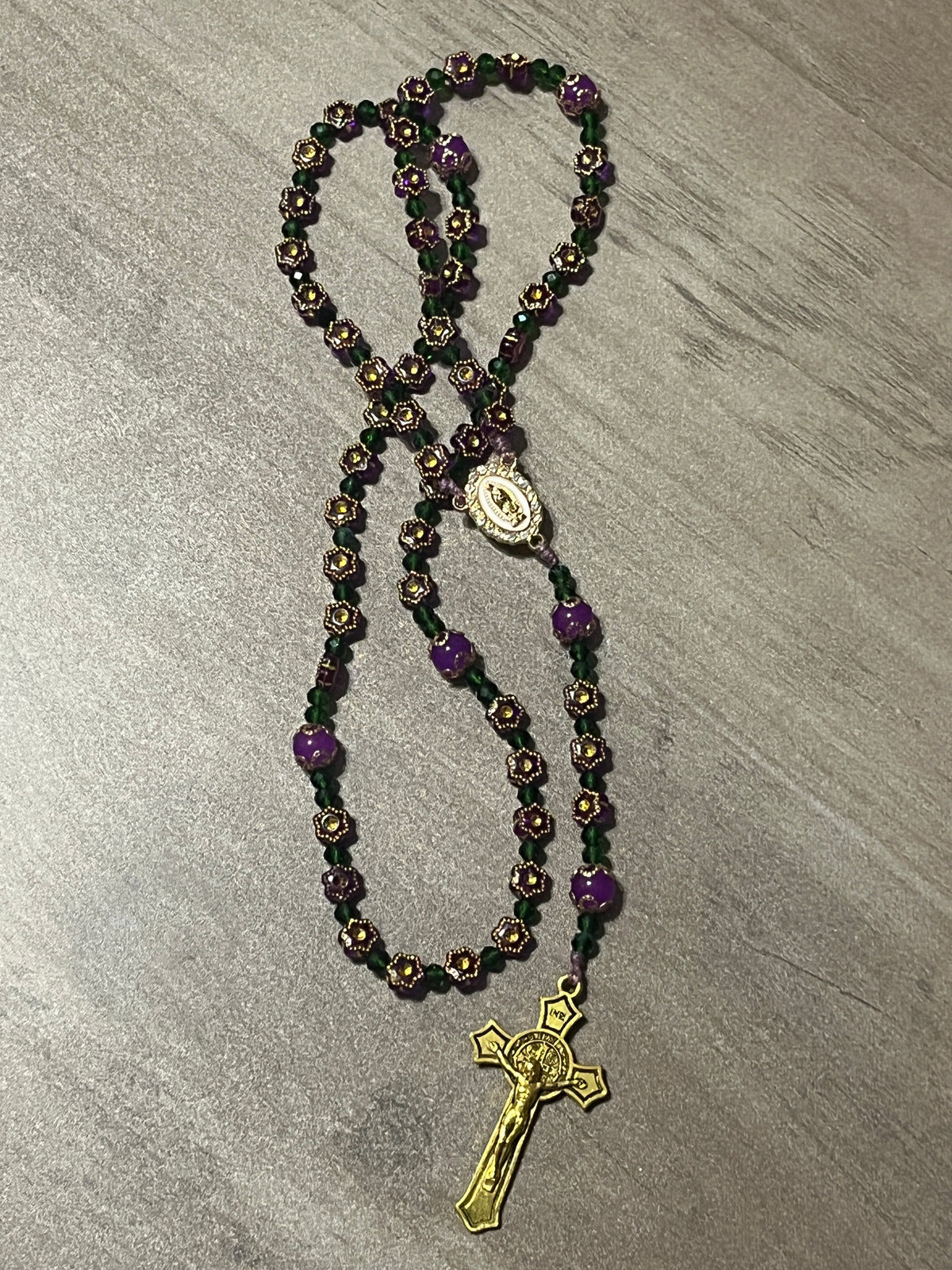 Royal Purple Flower & Emerald Crystal Traditional Rosary