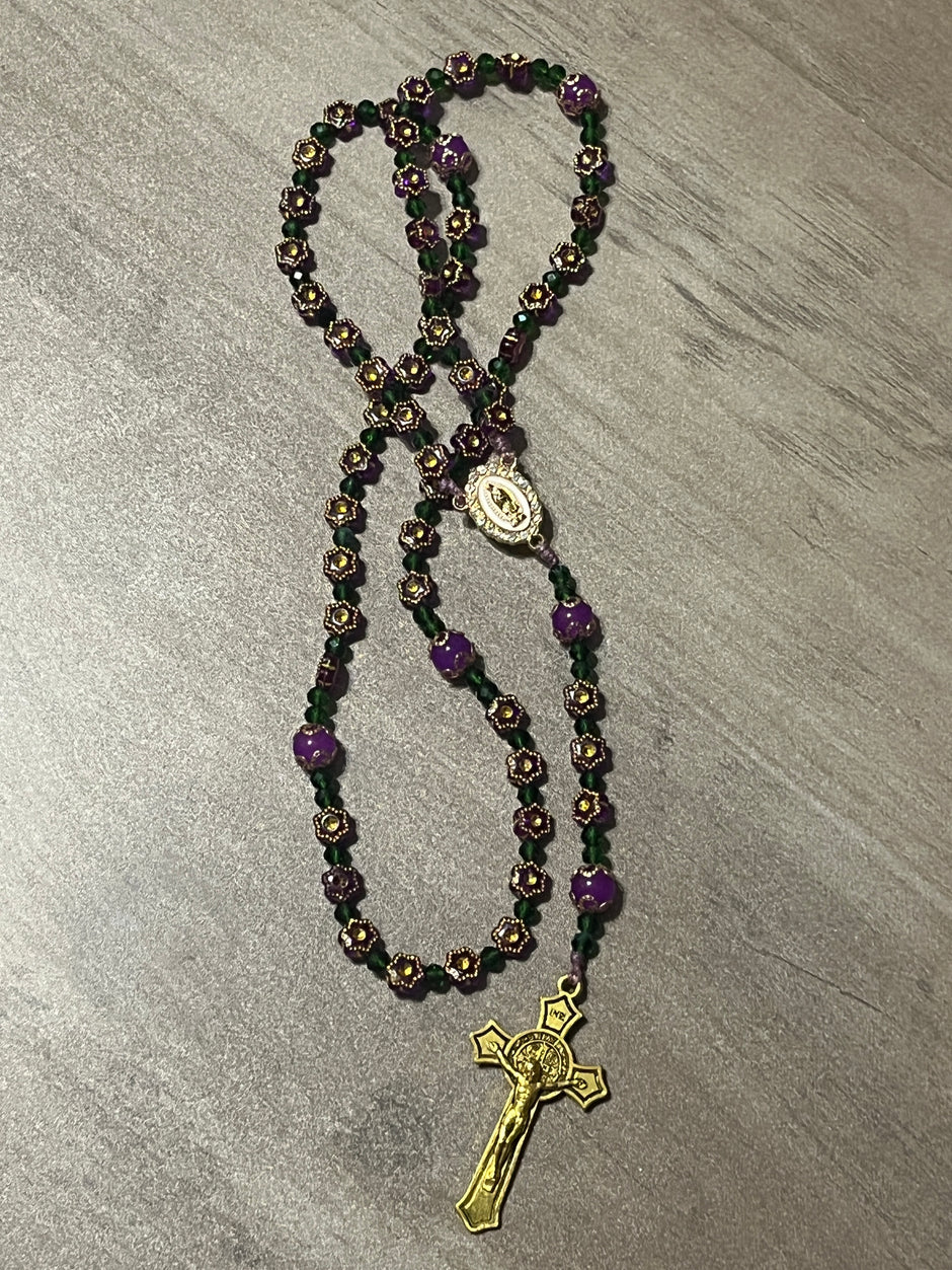 Royal Purple Flower & Emerald Crystal Traditional Rosary