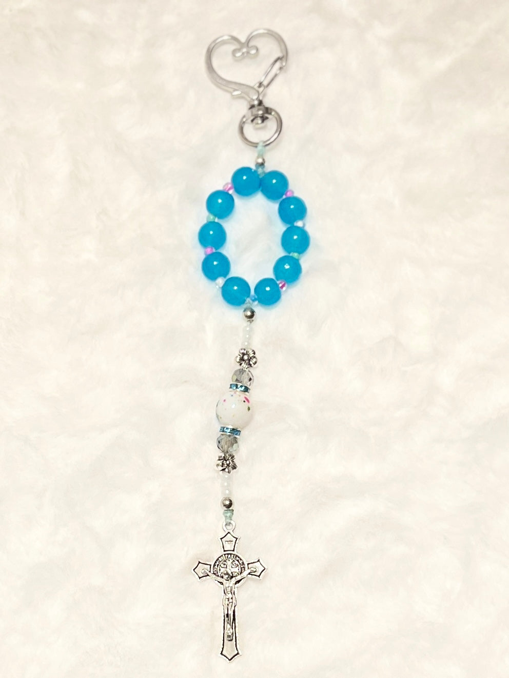 Sky Blue & Floral Porcelain 3-Piece Rosary, Bracelet & Keychain Gift Set