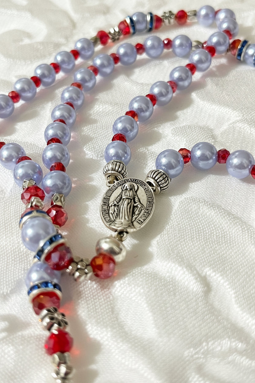 Baby Blue & Red Crystal Rosary - Miraculous Medal
