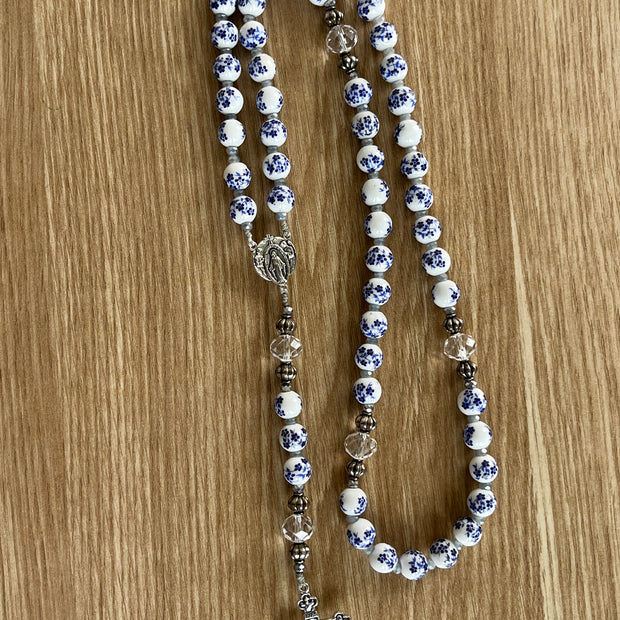 Cobalt Blue & White Floral Ceramic Traditional Rosary