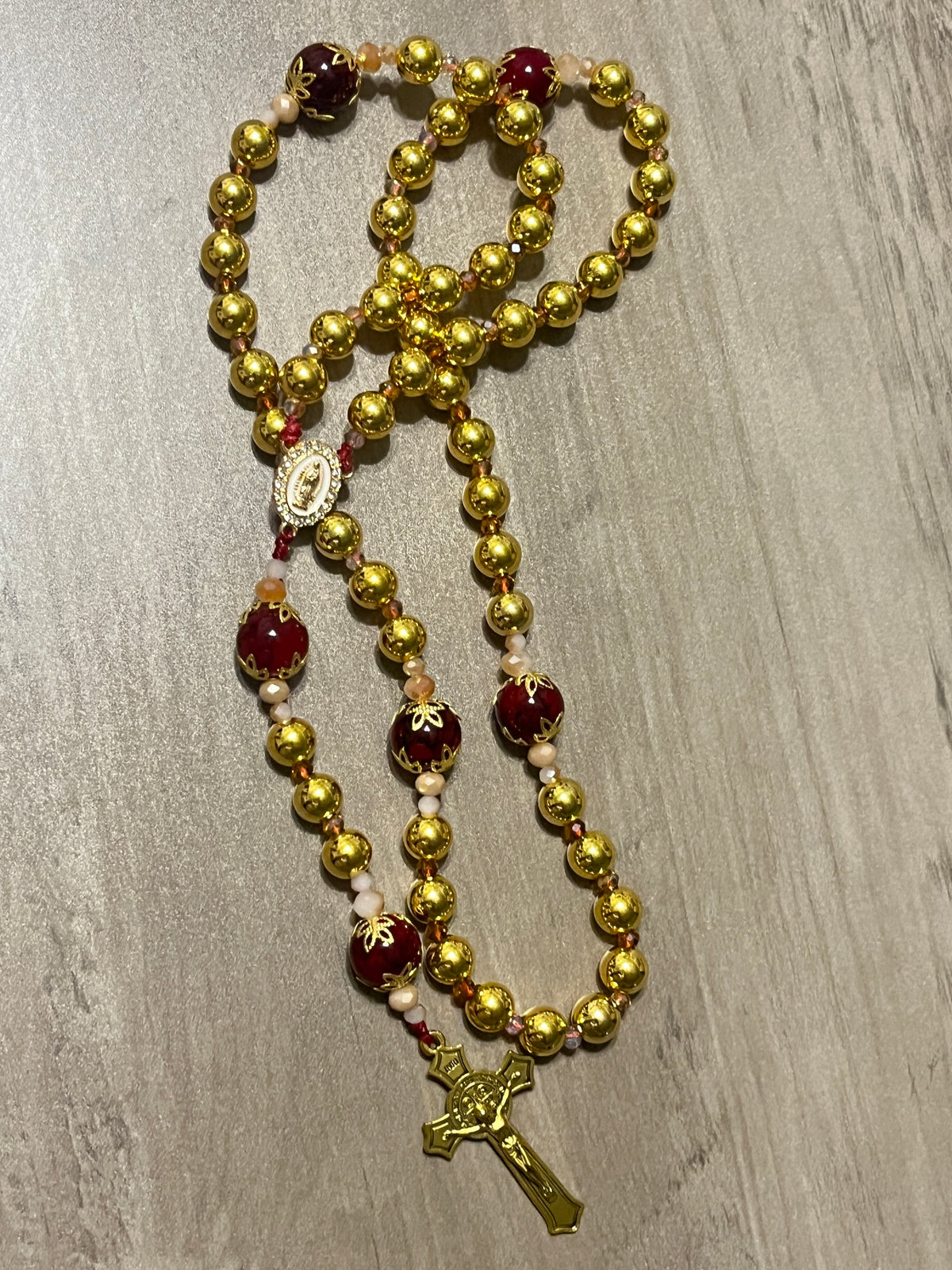 Gold-Plated Hail Mary & Crimson Glass Traditional Rosary