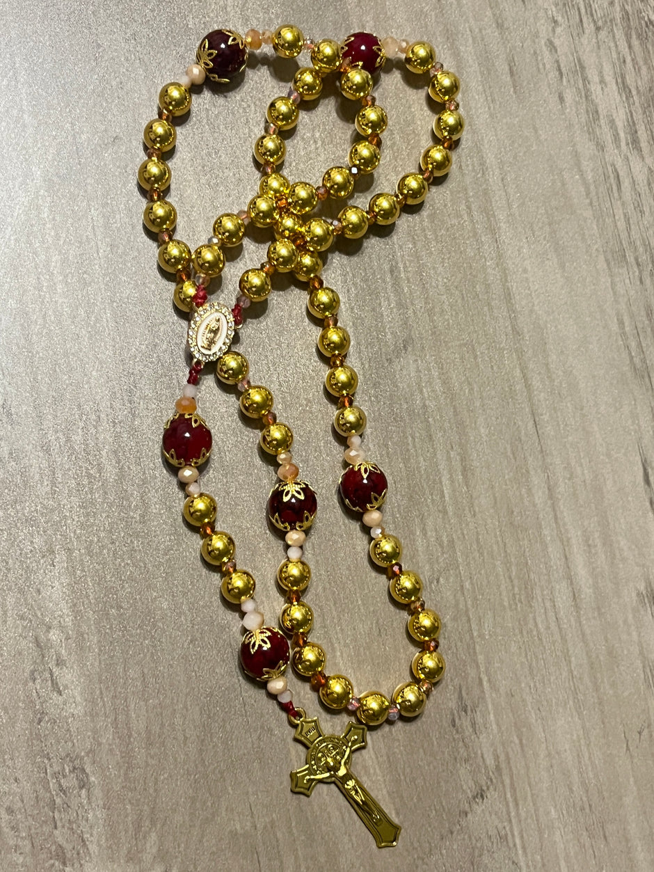 Gold-Plated Hail Mary & Crimson Glass Traditional Rosary