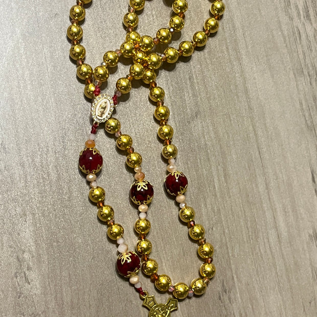 Gold-Plated Hail Mary & Crimson Glass Traditional Rosary