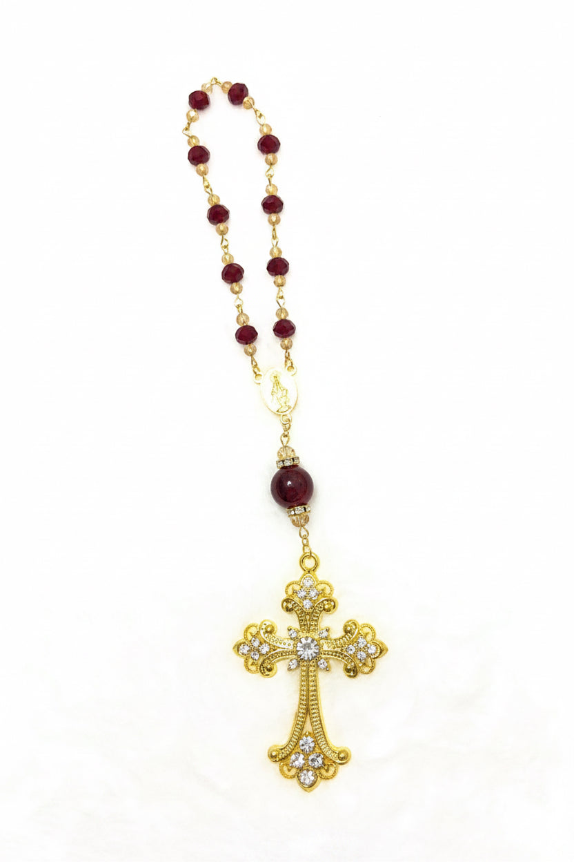 Maroon Crystal Pocket Rosary - Oversized Gold Rhinestone Crucifix