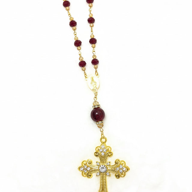 Maroon Crystal Pocket Rosary - Oversized Gold Rhinestone Crucifix