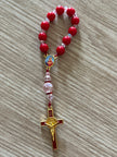 Vibrant Red Glass & Pink Crystal Pocket Rosary - Red Enamel Gold Cross