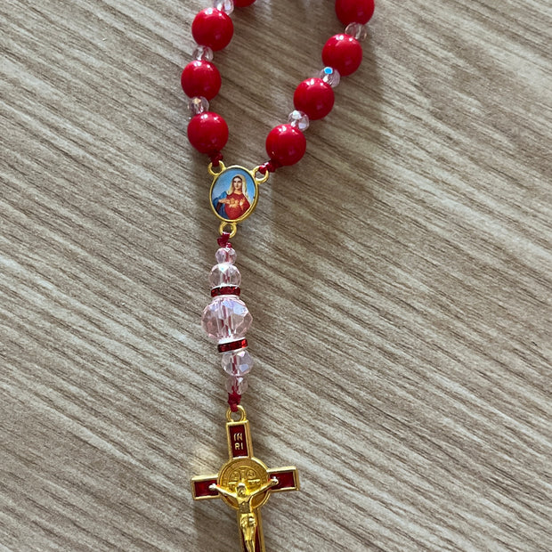 Vibrant Red Glass & Pink Crystal Pocket Rosary - Red Enamel Gold Cross